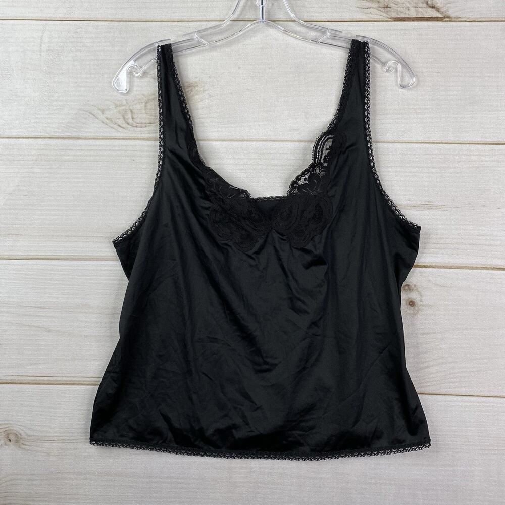 Vtg WonderMaid Camisole Womens Sz 38 Black Satin Lace Slip Top Adjustable USA